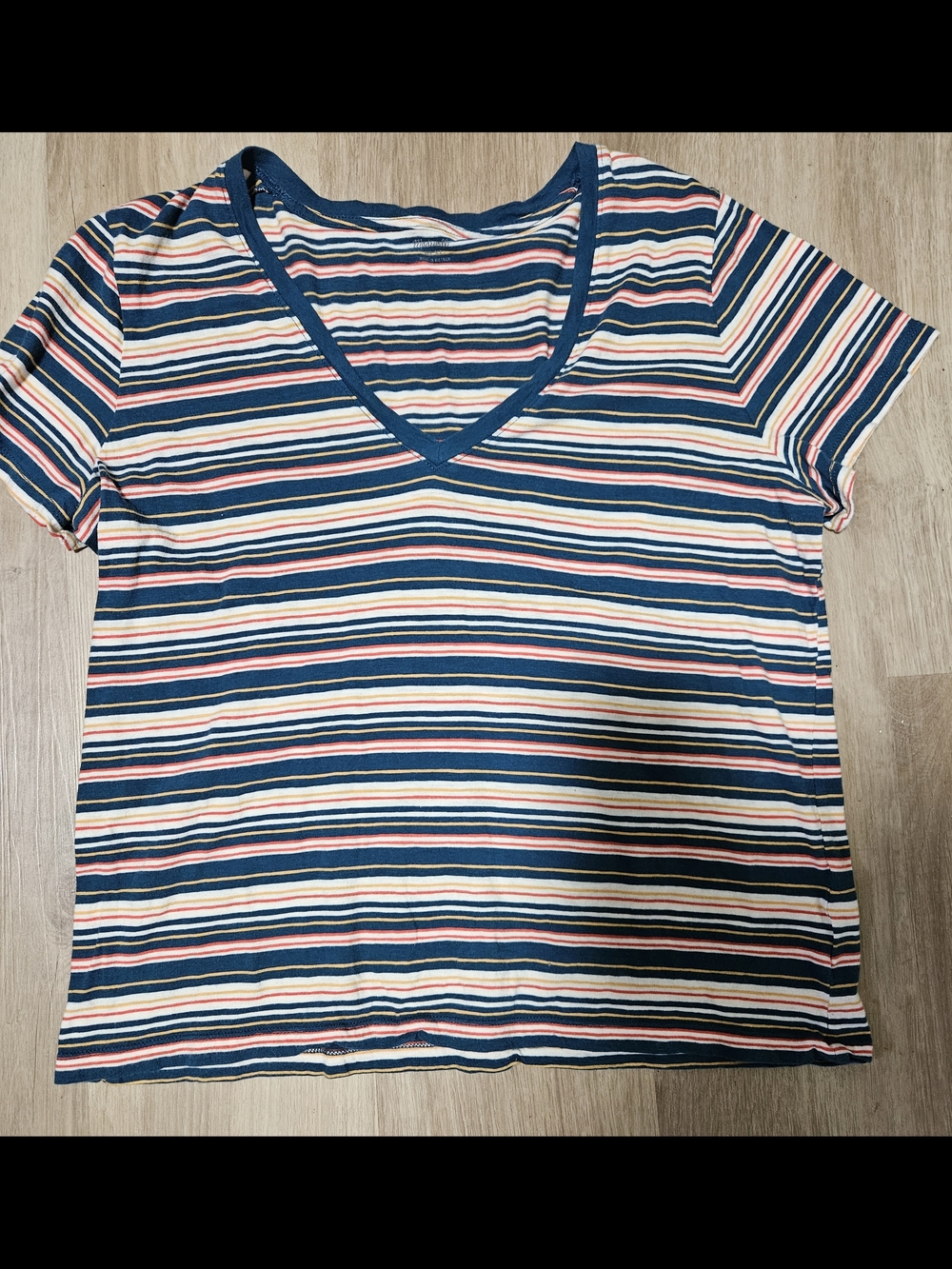 Madewell V-Neck Short Sleeve Striped V-neck Tshirt in Navy, Pink, Yellow & White